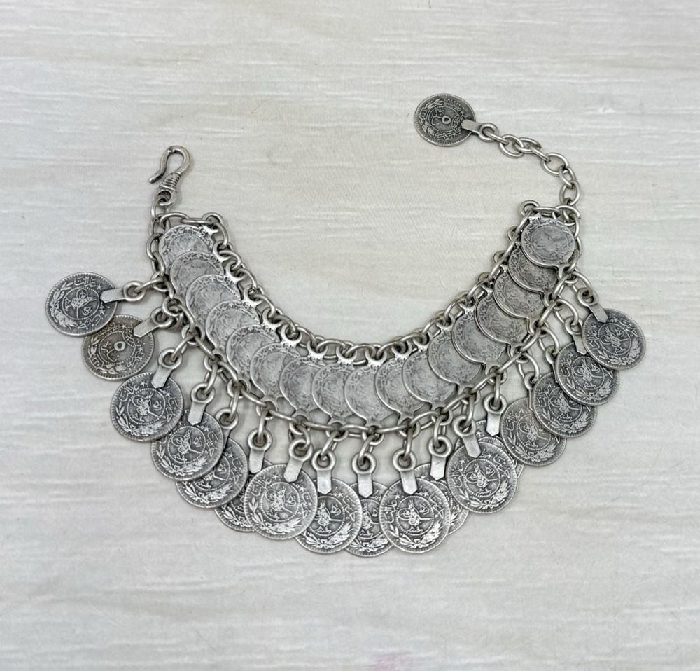 Vintage Silver Tone Faux Coin Charm Boho Dangle Bracelet